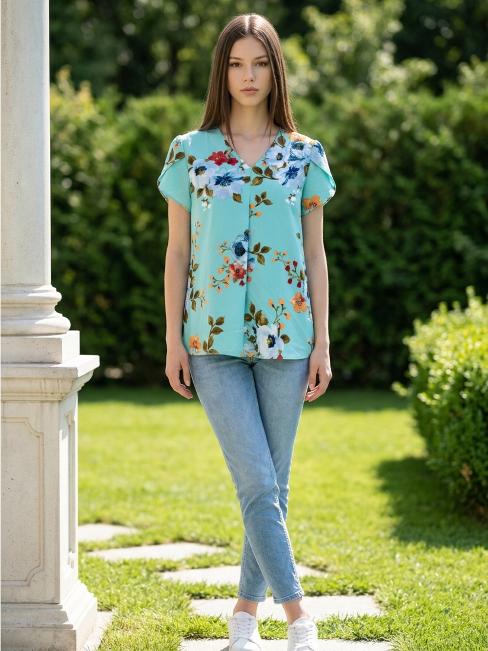 Aqua Floral V-Neck Short Sleeve Blouse
